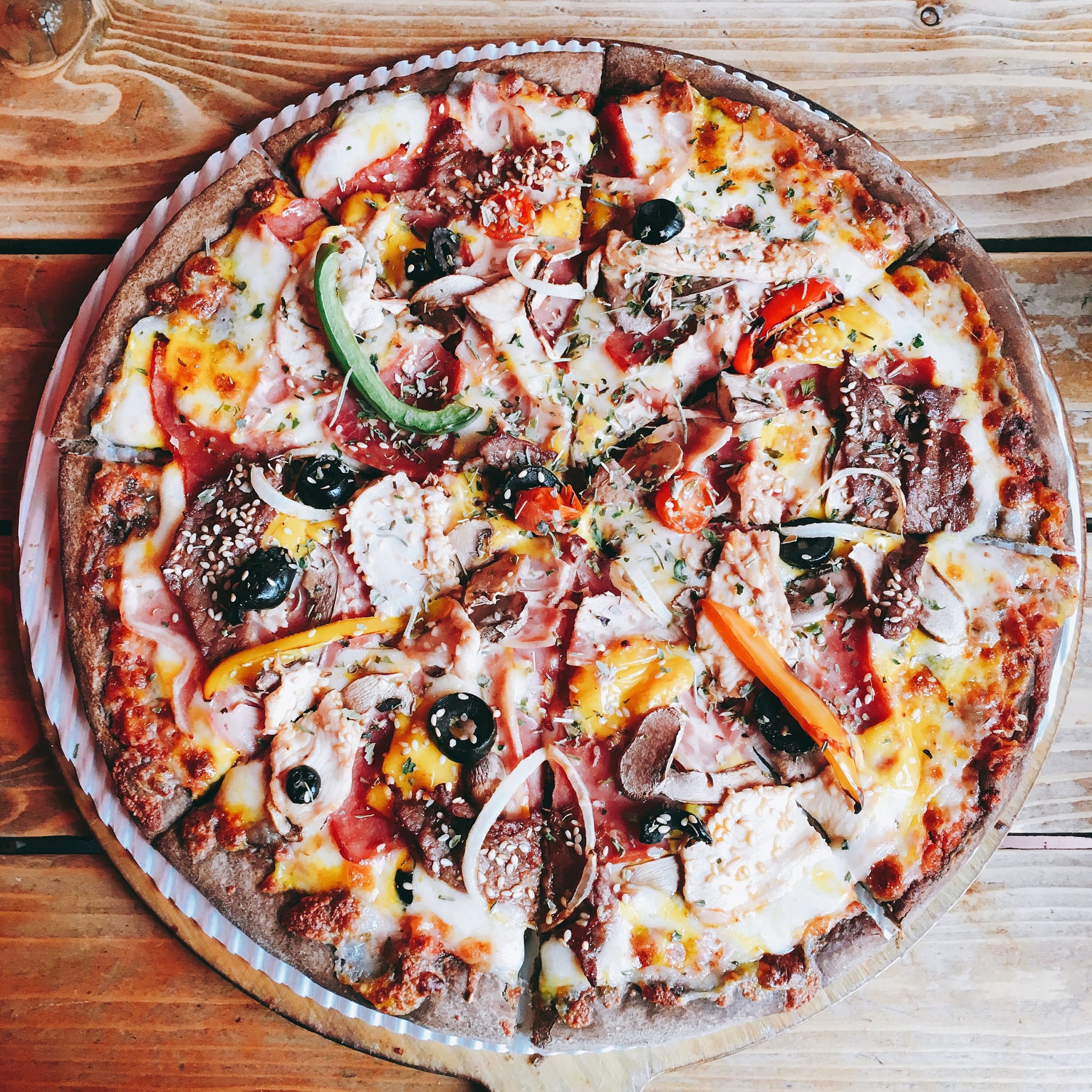 overhead shot of khorasan wheat pizza with toppings