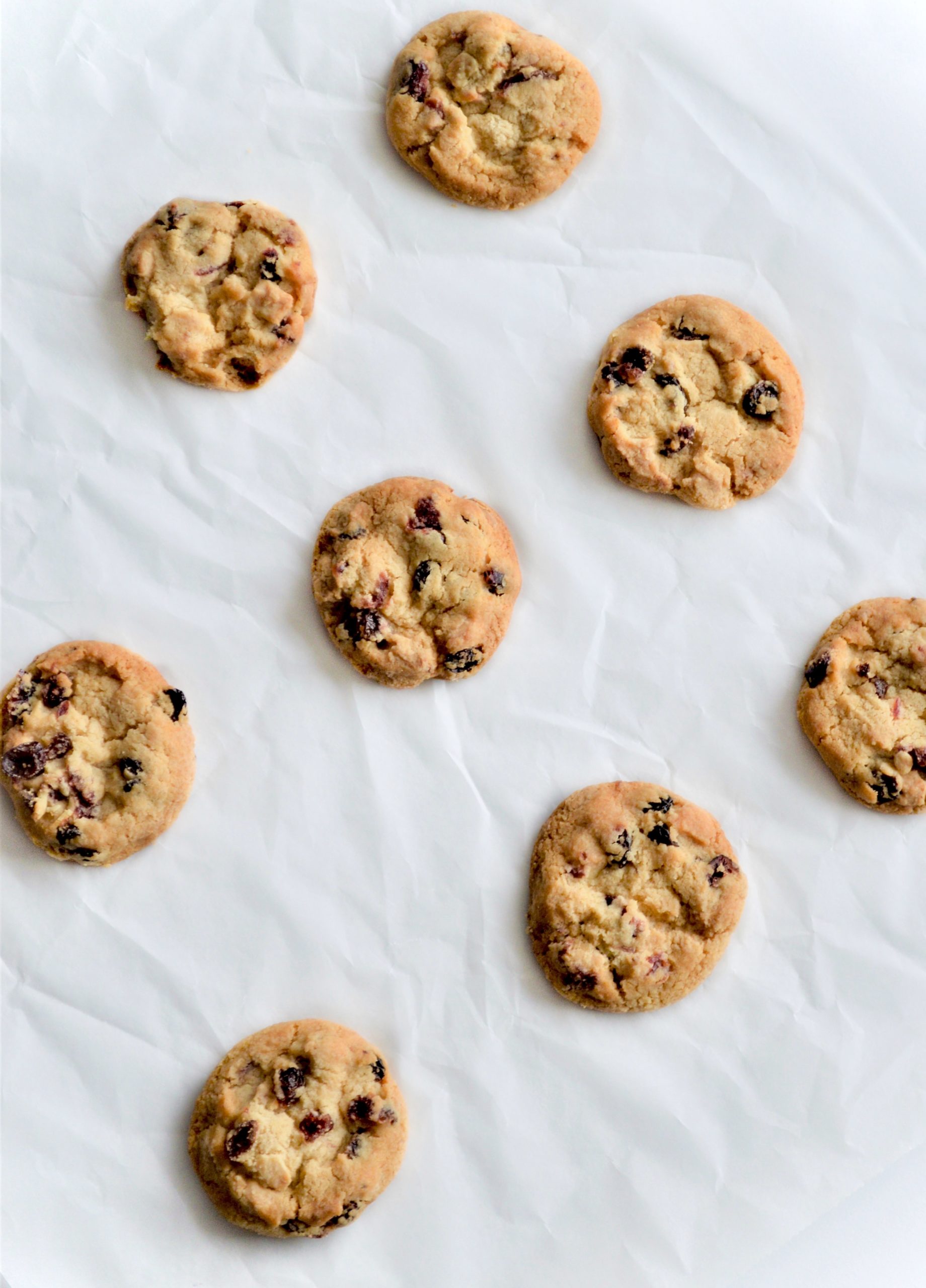 rectangular top shot of lemon zest chocolate chip cookies on white sheet