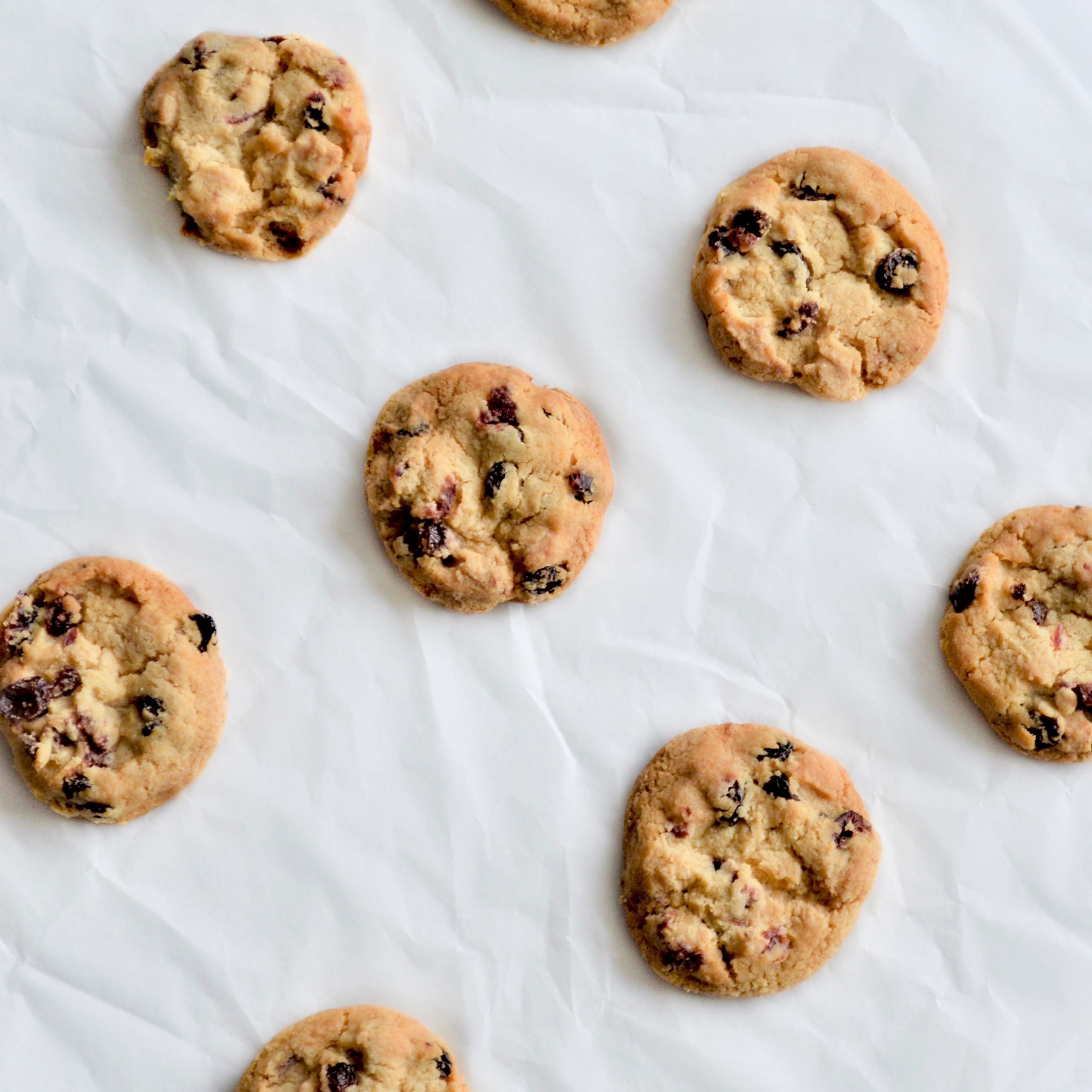 top shot of lemon zest chocolate chip cookies on white sheet